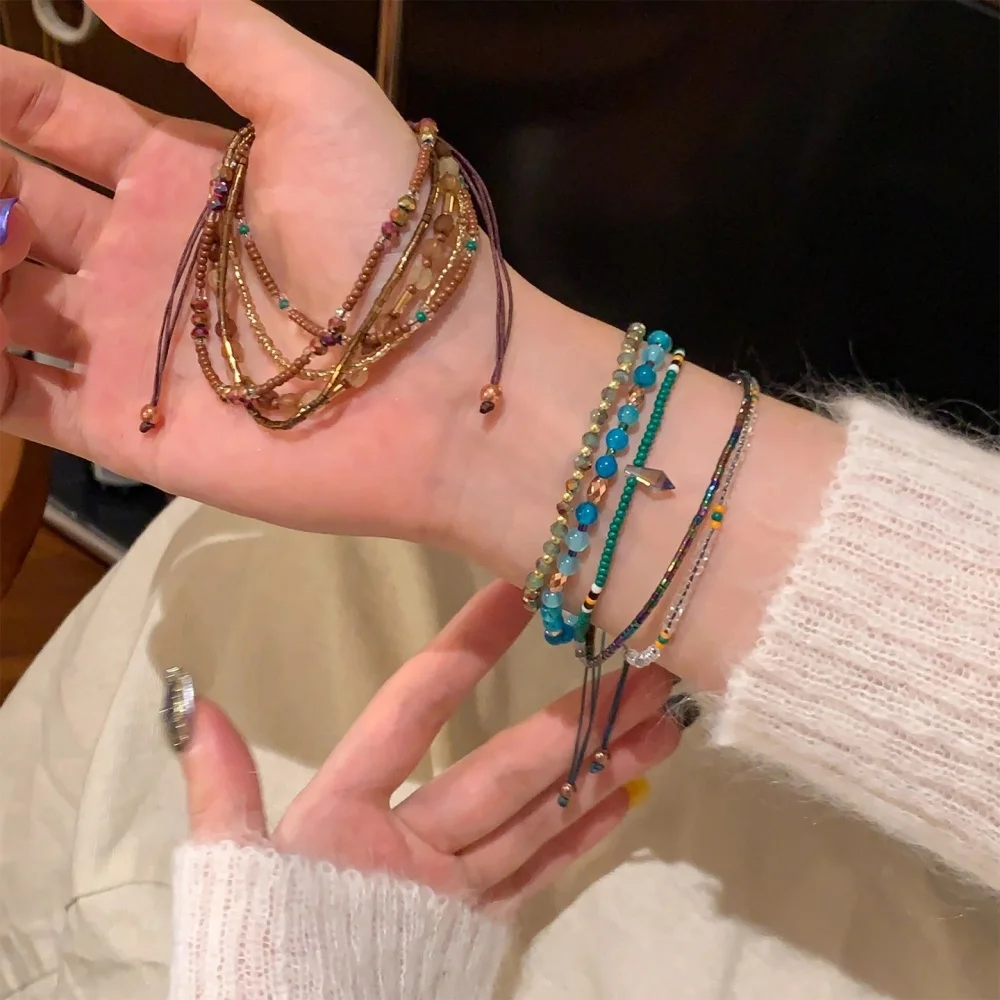 Retro Boho Multi-Layered Blue Millet Beads Bracelet for Women Adjustable Drawstring Stackable Beaded Bracelet Beach Jewelry