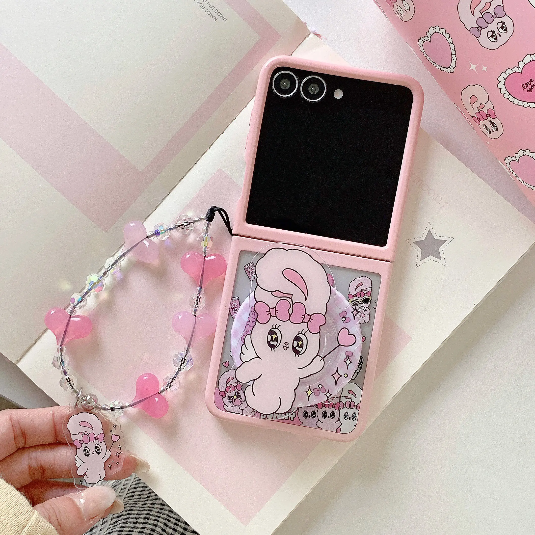 

Cute 3D Rabbit For Magsafe Magnetic Stand Phone Case For Samsung Galaxy Z Flip 7 Flip6 5 flip5 6 7 Cover Cartoon Protective Case