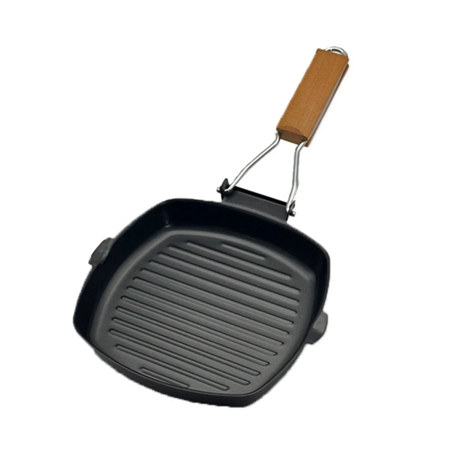 1pc Frying Pan Foldable Grill Pan Steak Anti-scald Wooden Handle Portable 2 Mouth 20*41*3.5/24*45*3.5/28*45*3.8cm Kitchen Tools