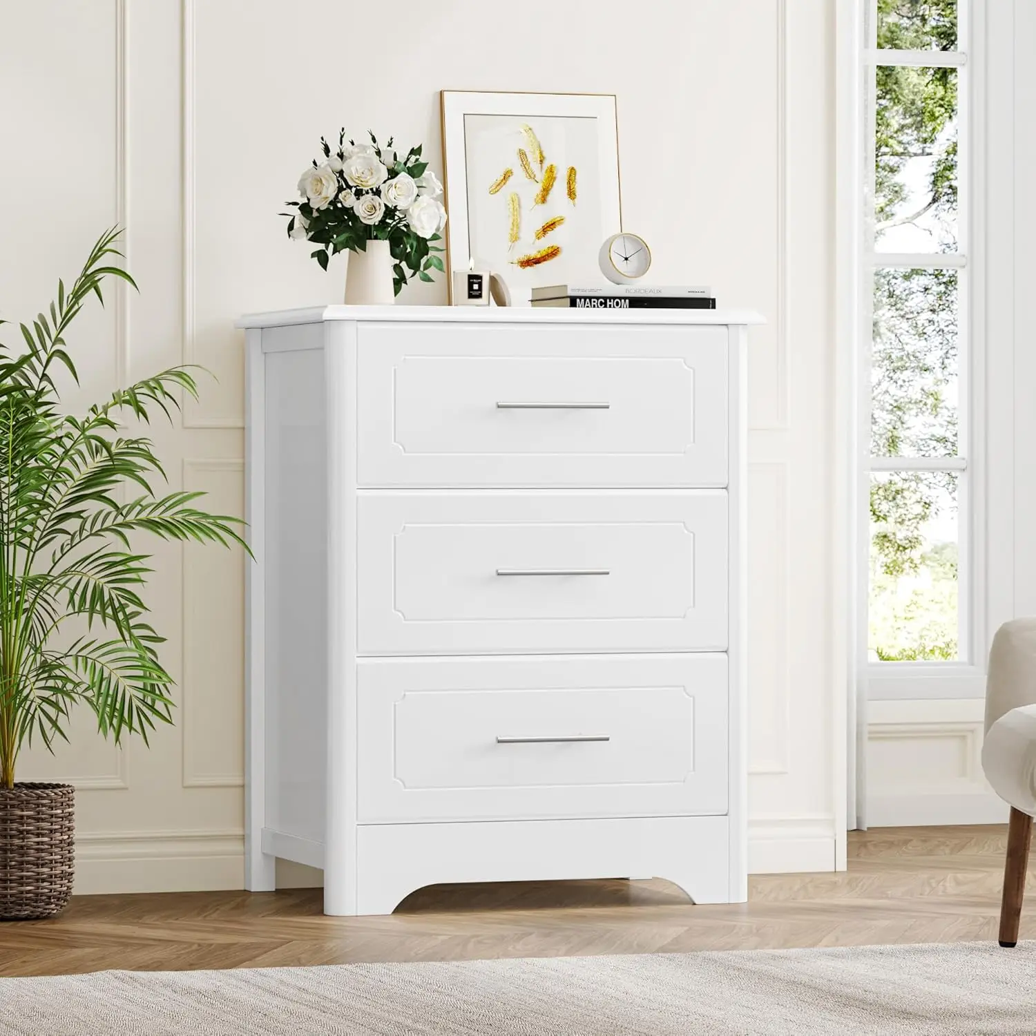 

3 Drawer Dresser for Bedroom, 23.62" Wide Modern White Dresser, Tall Nightstand with 3 Deep Drawers, Wood Chest