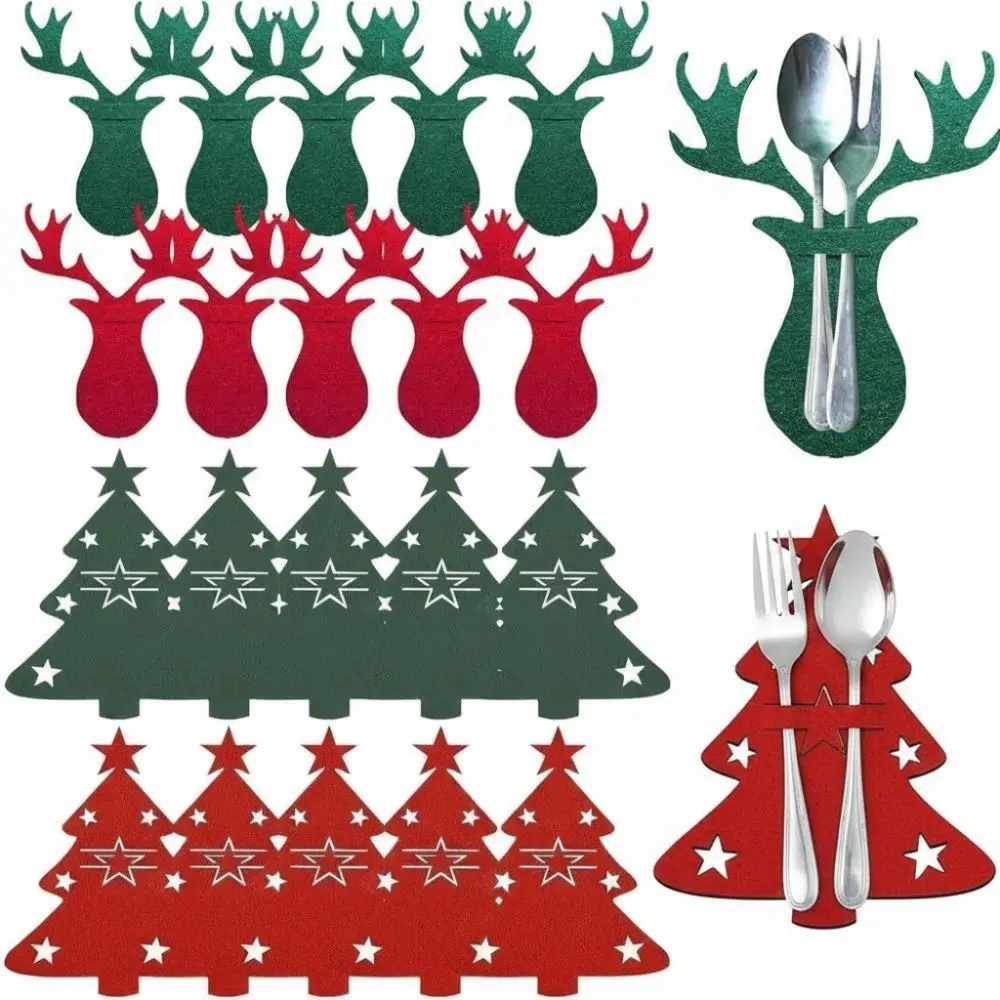 Tree or Reindeer Shape Christmas Cutlery Holders Red Flat Silhouette Felt Silverware Holders Cutlery Slot
