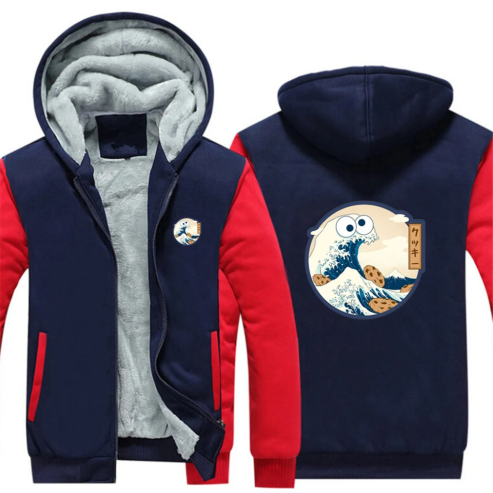 2025 Funny Waves Logo Print Autumn Winter Fleece Cotton Jacket for Men Warm Loose Thick Cotton Coat Cold Protection Hoodies