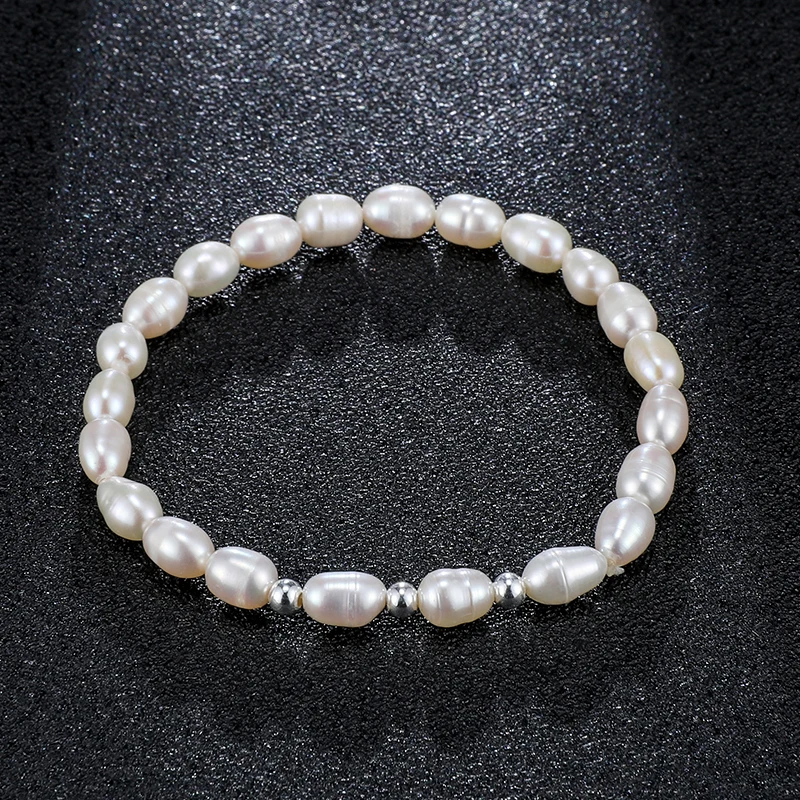 

Natural Freshwater Pearls Rice Shaped 5-6mm 925 Silver Beans with Threaded Elastic Rope Pearl Bracelet Fashion Jewelry for Women