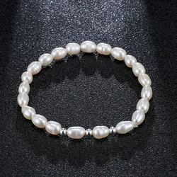 Natural Freshwater Pearls Rice Shaped 5-6mm 925 Silver Beans with Threaded Elastic Rope Pearl Bracelet Fashion Jewelry for Women