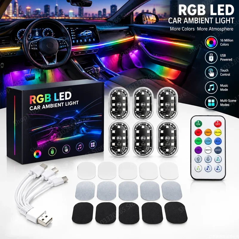 Type-C rechargeable magnetic RGB car light,LED interior ambient light,diamond free installation vehicle decorative ambient light