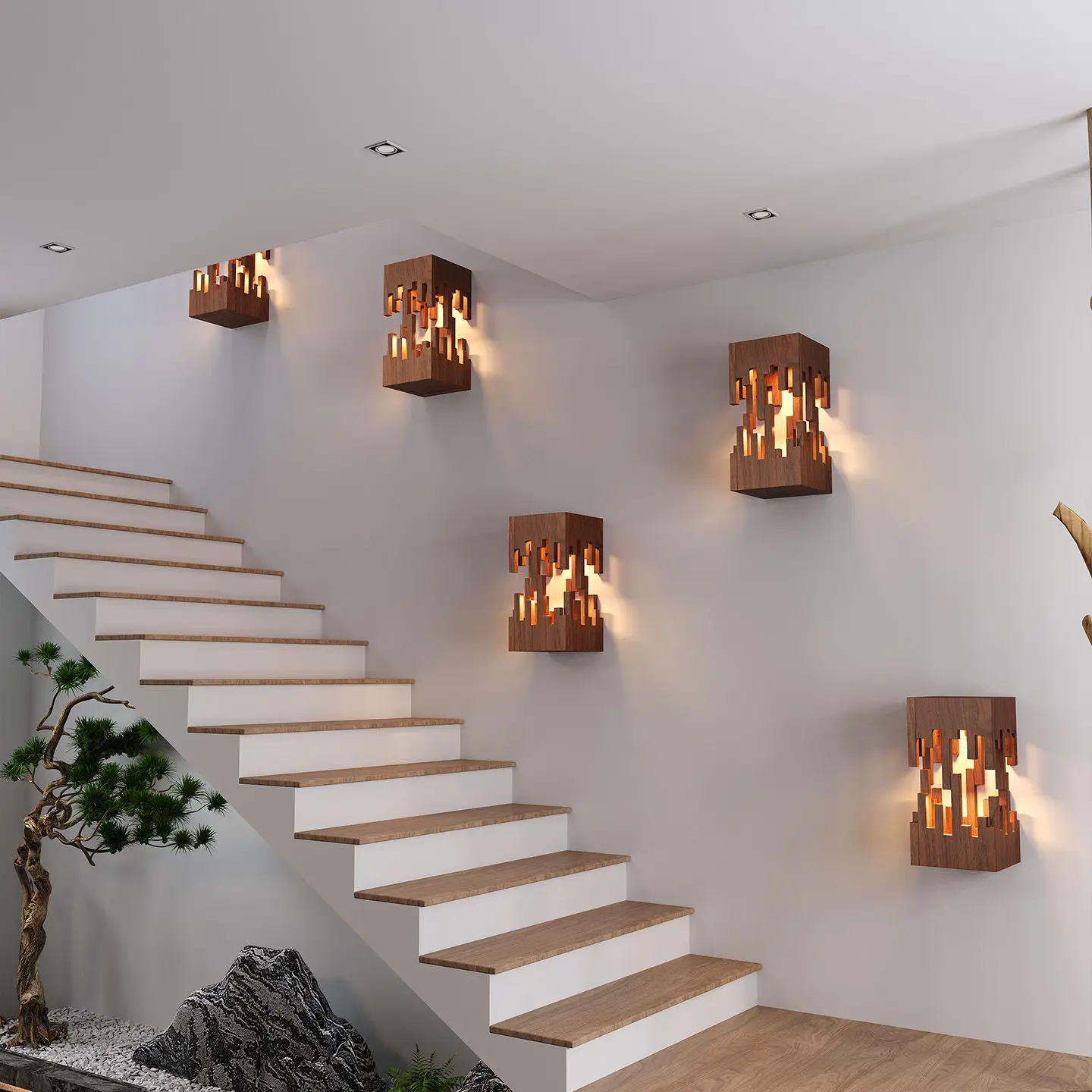 

Creative Stair Wall Lights Bedroom Bedside Lamp Living Room Balcony Entrance Aisle Hallway Walnut Color Solid Wood Wall Lamps