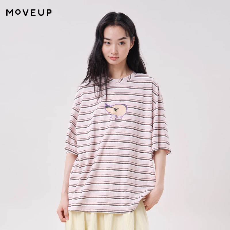 MOVEUP Women's Fun Series Striped T-Shirt 2026 Summer Crew Neck Dropped Sleeve Cartoon Animal Print Loose Commuter Tee 3ELX10404
