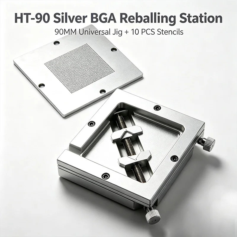 HT‑90 Silver BGA Reballing Station Universal 90MM Jig with 10 PCS Universal Stencils for IC Chip Rework Repair