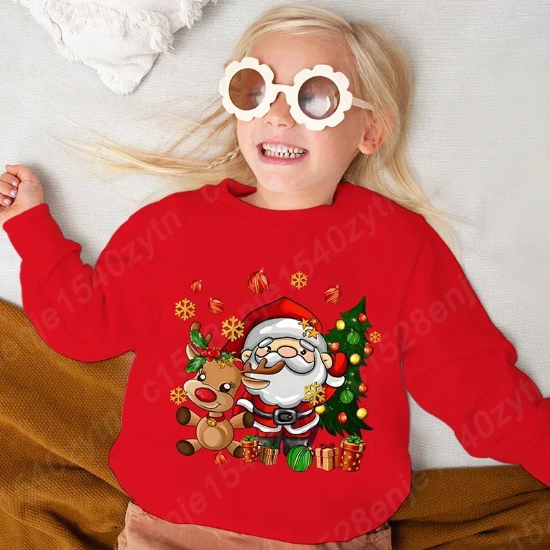 Cute Cartoon Santa Claus & Reindeer & Christmas Tree Graphic Print Sweatshirt, Girls Comfy Clothes For Christmas As Gifts