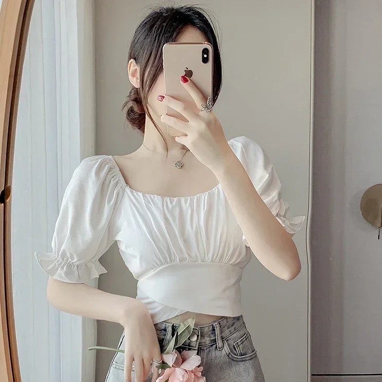 Camicette da donna Solid Slim Sexy Crop Top Fasciatura Colletto quadrato Stile coreano Temperamento alla moda Camicie da donna Summer Chic