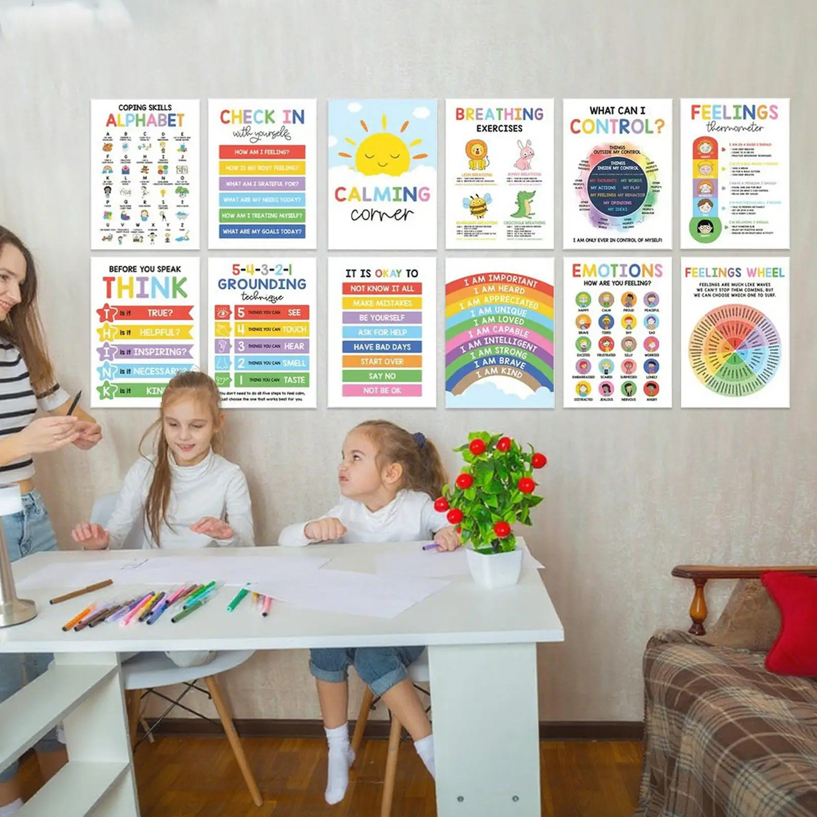 Calming Corner Posters 12 Pieces Mental Health Posters Classroom Emotions Chart Wall Art for Daycare Library Program Space