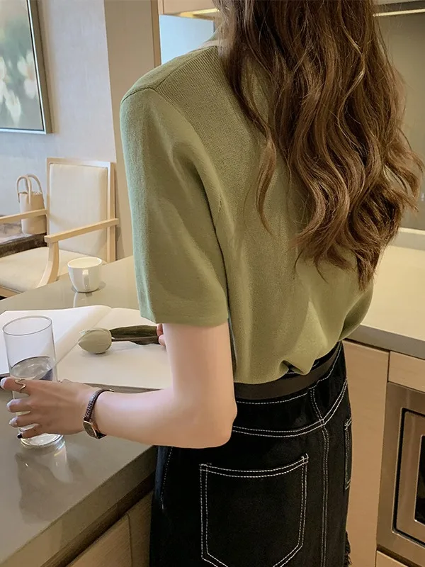 Été 2025 nouveau col ort Sve tricoté irt coupe ajustée décontracté haut tendance femmes Faion Premium Quali T-shirt