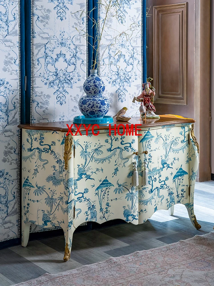 French Chinese Style Curio Cabinet Blue and White Hand Drawn High-End Locker