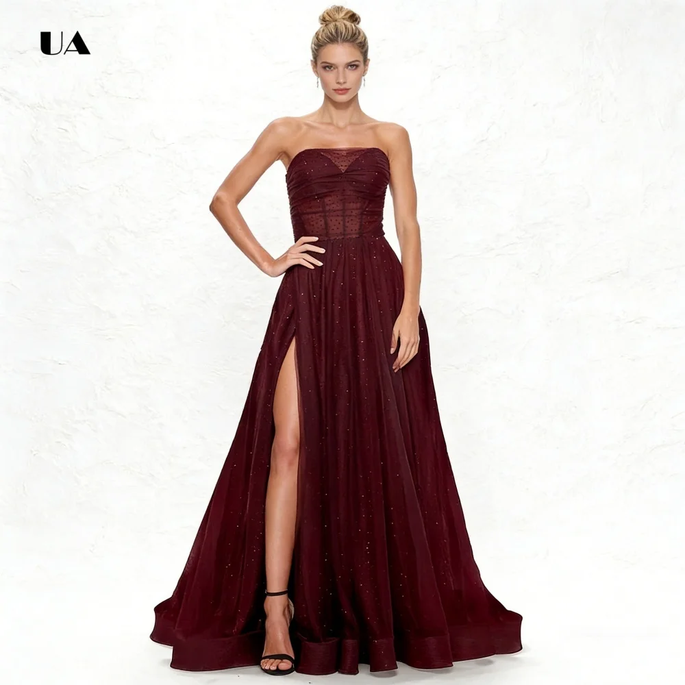 반짝이는 튤 A라인 프로미 드레스, 환상적인 스트랩리스 디자인, 솔리드 슬릿 이브닝 드레스, 여성용 섹시 맞춤 파티 가운