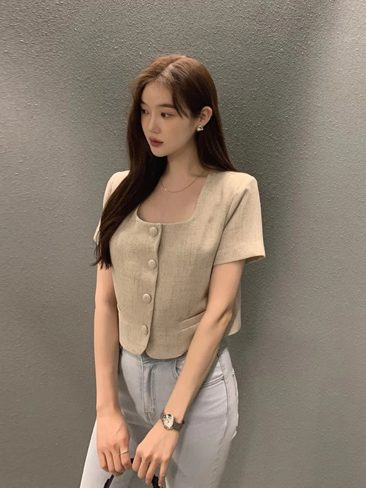 

Chic Summer Vintage Small Fraance Sle Square Collar Single Button Versatile Slimming Color ort Sve Women's