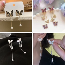 Korean Retro Asymmetric Butterfly Imitation Pearl Earrings Fashion Round Flower Brincos Long Statement Earrings Jewelry Gifts