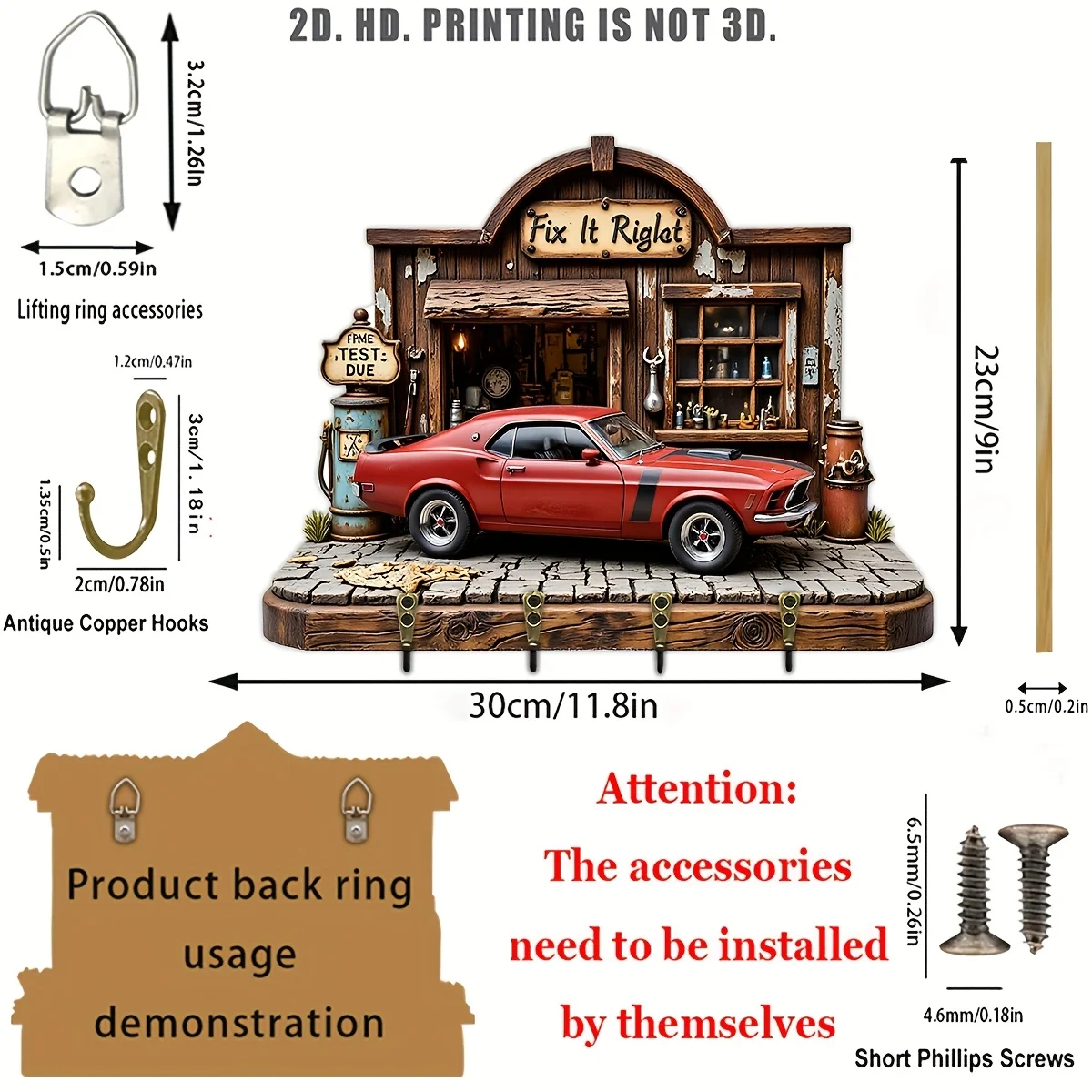 2D 평면, 1개, 빈티지 자동차 키 걸이 나무 다기능 홈 키 홀더, 네 개의 금속 후크 포함, 벽 장식, 현관