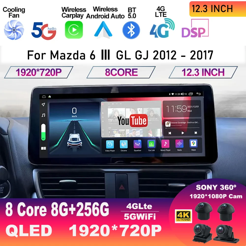 

For Mazda 6 Ⅲ GL GJ 2012 - 2017 Android 13 12.3 Inch QLED Screen Multimedia Video Player Atenza CarPlay Car Radio Autoradio WIFI