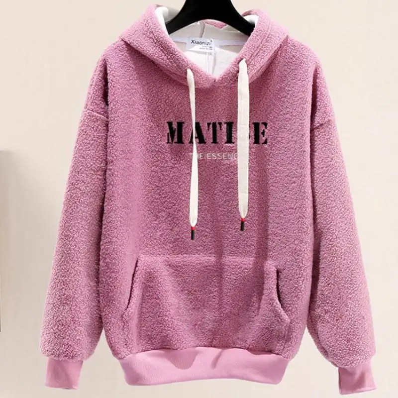 Mode Musim Dingin Kualitas Tinggi Ukuran Kecil Pakaian Wanita Hoodie Perempuan Switer Huruf Harajuku Bulu Domba Matise Pullover