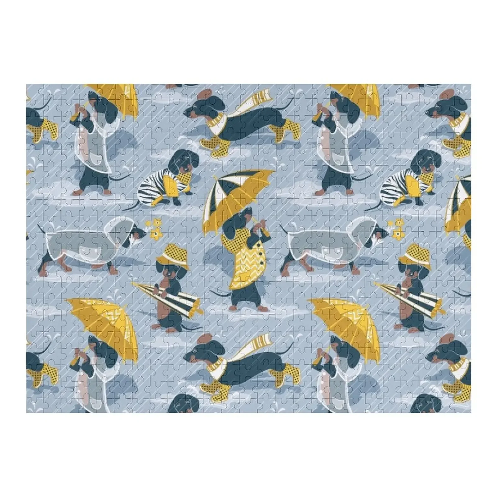 

Ready For a Rainy Walk // pastel blue background dachshunds dogs with yellow and transparent rain coats Jigsaw Puzzle