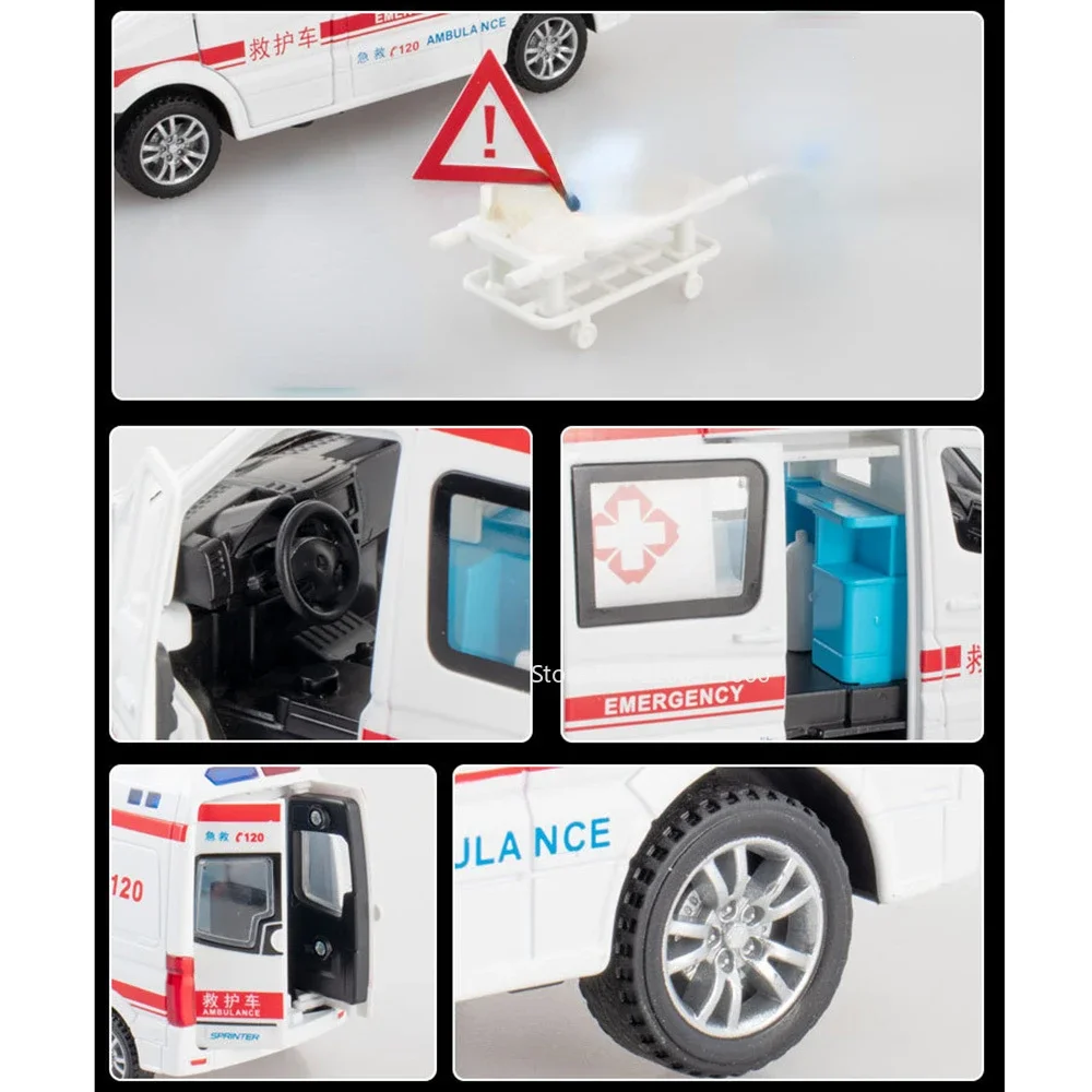 Schaal 1:32 Ambulance Auto's Speelgoed Miniatuur Modellen Metaal Diecast Rubber Banden Wiel Trek Voertuigen voor Kinderen Educatief Speelgoed