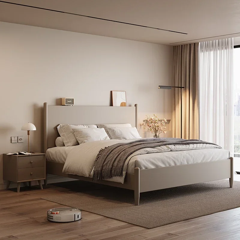 Cream Wind Nordic Wooden Bed Wood Sleeping Square Design Bed Modern Simple Fashion Unique Letto Matrimoniale Home Furniture