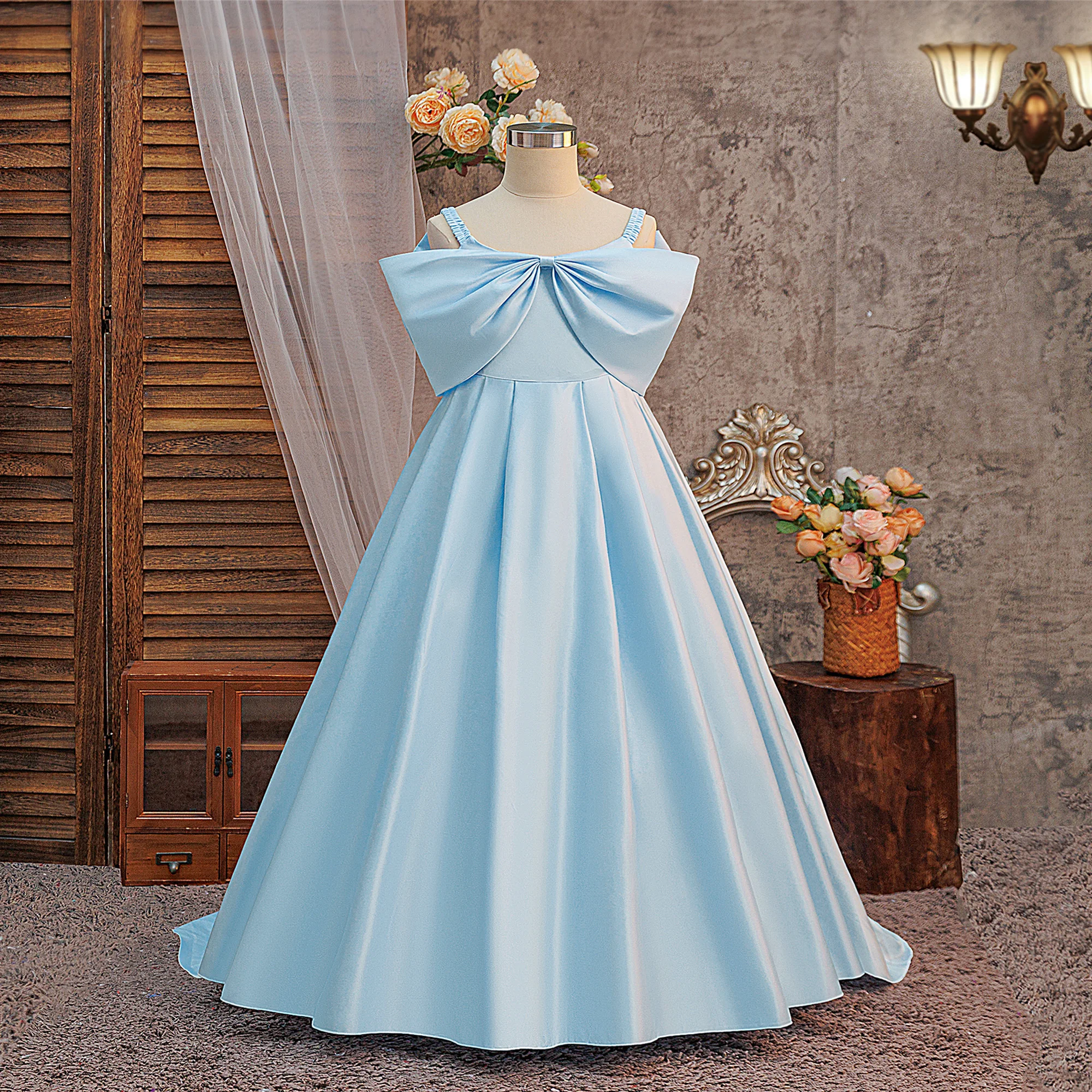 

Satin Big Bow Trailing Girls Wedding Bridesmaid Prom Dress Elegant Princess First Communion Party Dresses for Girl Evening Gown