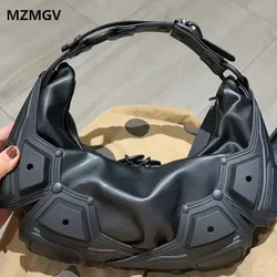 Dark Trendy Half Moon Shaped Hot Girl Punk Armpit Bag PU Leather Multipocket Y2K Motorcycle Bag Female Crossbody Bag Handbag2024