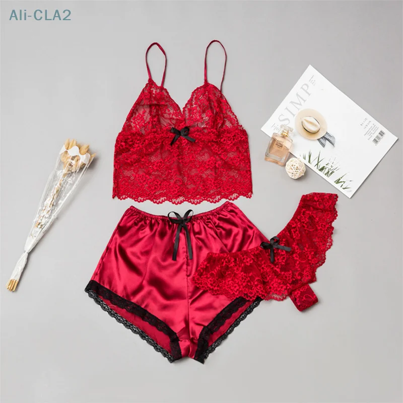 Sexy Lace Silk-like Sleepwear Three Pieces Lingerie Women Pajamas Nightwear