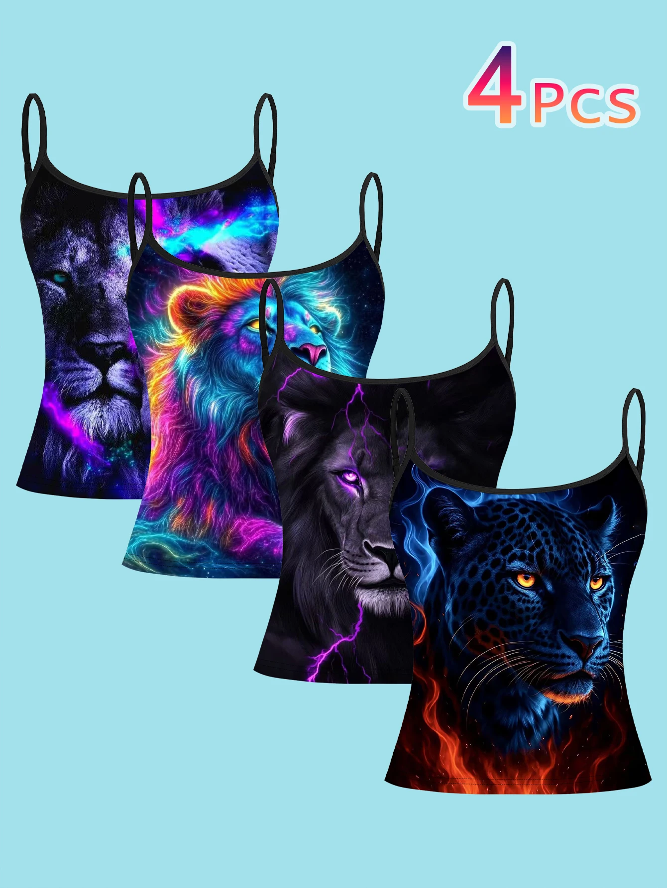 4-Piece Set of Neon Light Effect Lion, Leopard, and Beast Print Camisoles, Black Base with Purple Lightning Rainbow Fluorescent Animal Head Design, Women's Slim-Fit Spaghetti Strap Sleeveless Tops for Outerwear or Layering