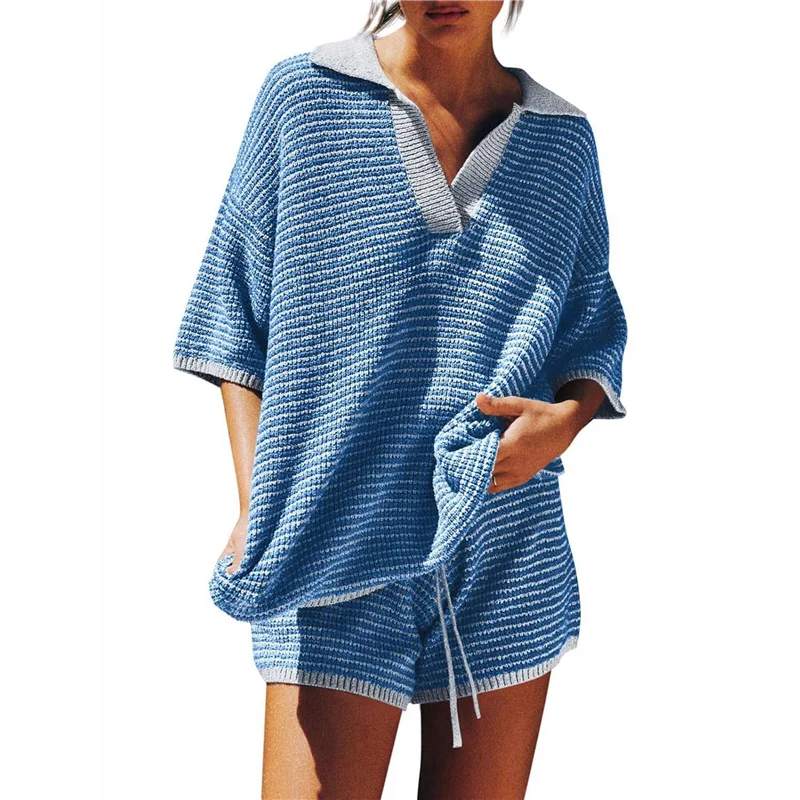 

NEW-Womens Sweater Set 2 Piece Outfits Oversized 3/4 Sleeve V Neck Knit Tops High Waisted Shorts Lounge Sets