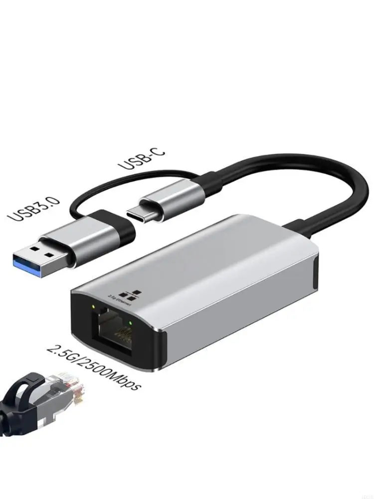 

Double USB A USB C to RJ45 Gigabit Ethernet Networking Adapter 2.5Gbps 1Gbps Fast Speed Plugs and Play Portable HX5E