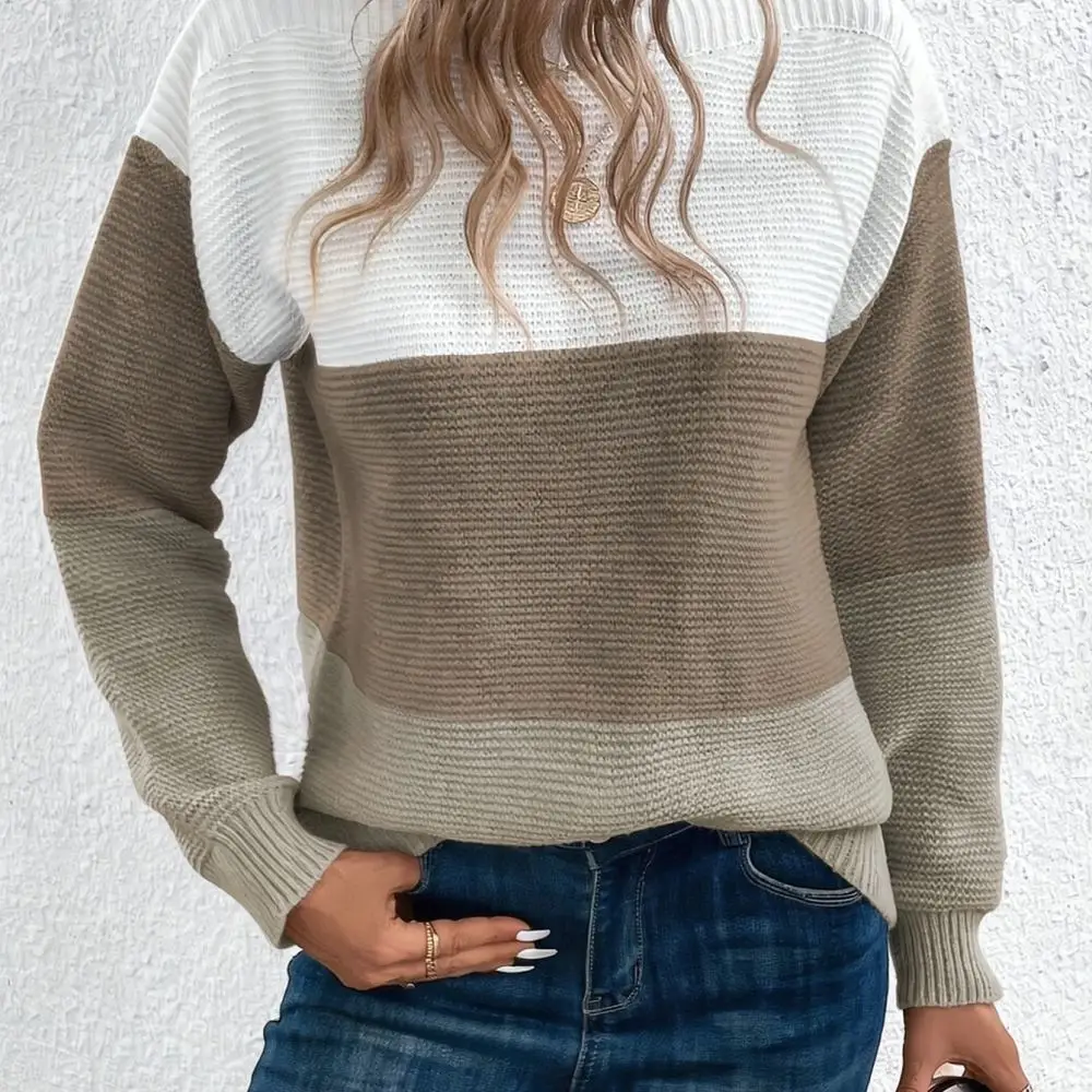 Womens Soft Pullover Sweater Autumn Winter Loose Long Sleeve Crew Neck Knitted Top Colorblock Casual Fashion Apparel