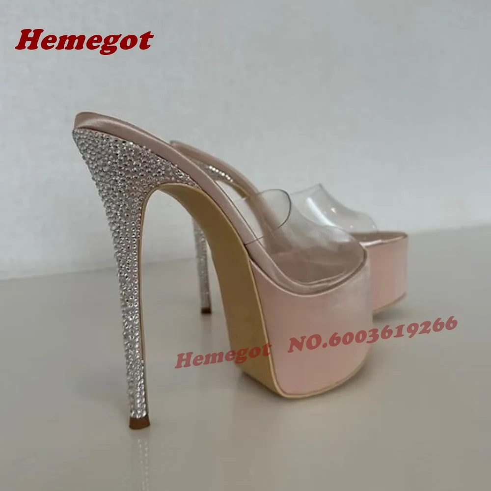 

Gold Platform Crystals Heels Slippers Clear Pvc Open Toe One Strap Stiletto Women's Sandals Summer Splicing Rhinestones Shoes
