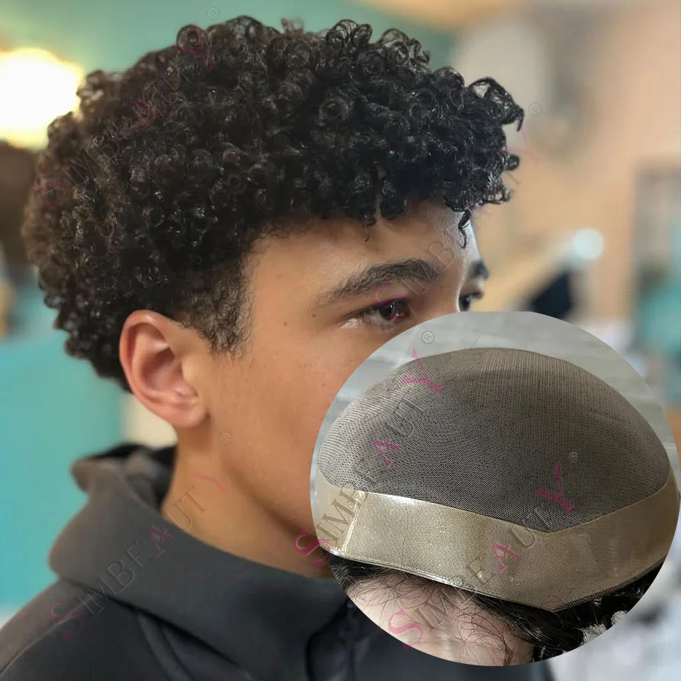 

Прочный тонкий моно кружевной парик NPU Curly Man 15 мм 18 мм Афро-парик Блондинка Черный Коричневый 100% Парик из человеческих волос 20 мм 360 Weave Мужской парик