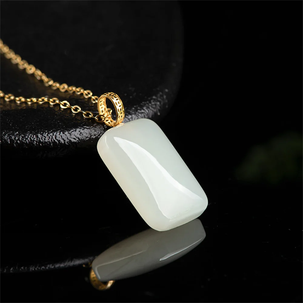 18K Gold Natural White HeTian Jade Simple Flat Square Lucky Pendant Amulet Choker Necklace Certificate Luxury Jade Jewelry