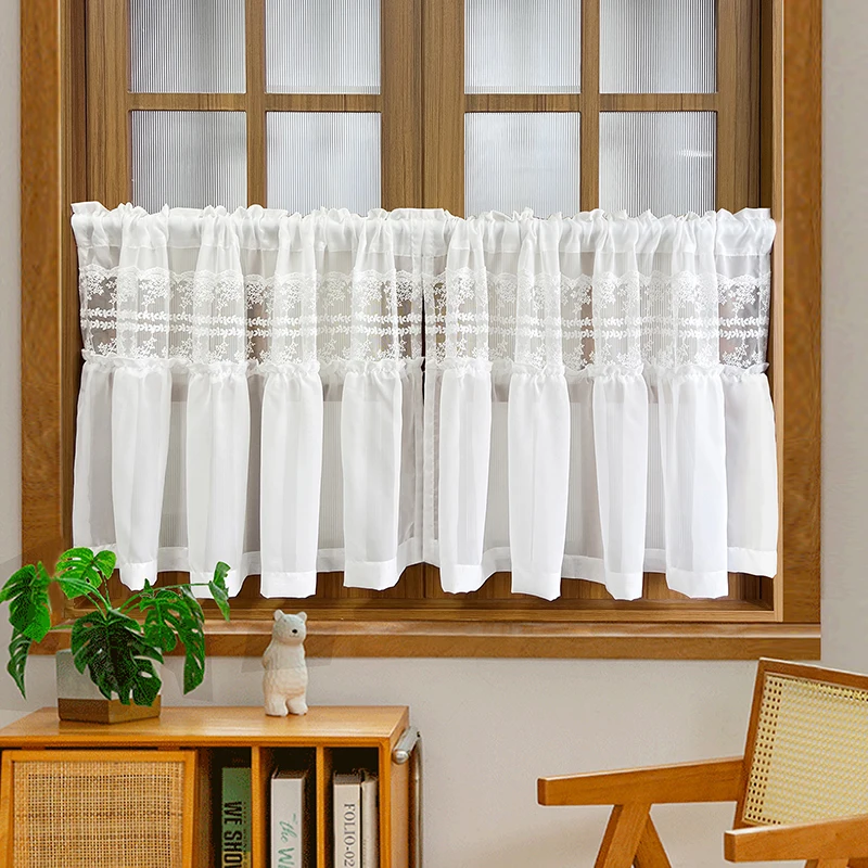 

Korean Style Beautiful and Romantic White Embroidered Ruffled Lace Sheer Short Curtain For Kitchen Living Room Bedroom Garden