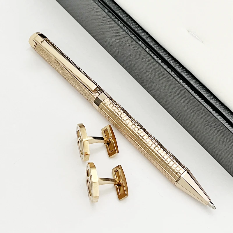 Luxury Brand AT Ballpoint Pen Octagonal Grid Metal Reliefs Barrel Stationery School Office Writing with Cufflinks As Gif