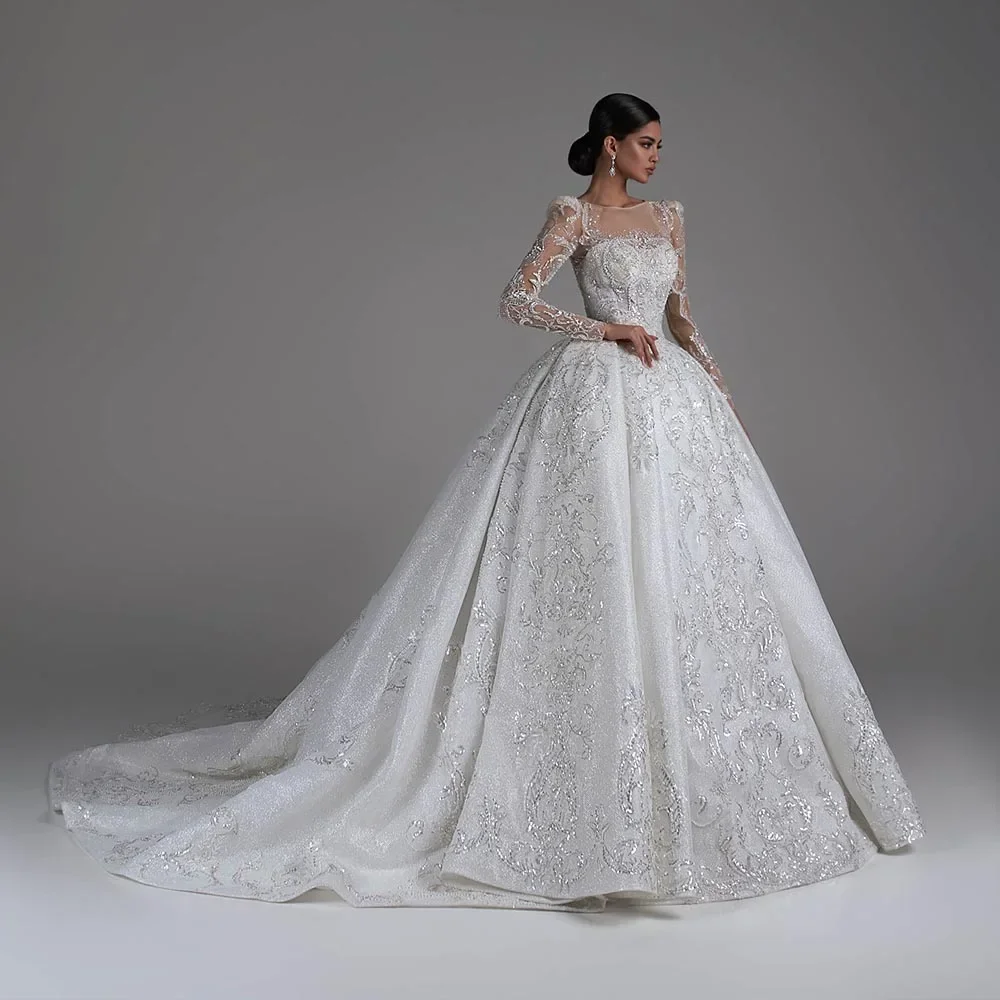 

Vinca Sunny Customized Long Sleeve Pearls Beading Pearls Crystal Shiny Princess Ball Gown Wedding Dresses 2025 Vestido De Noiva