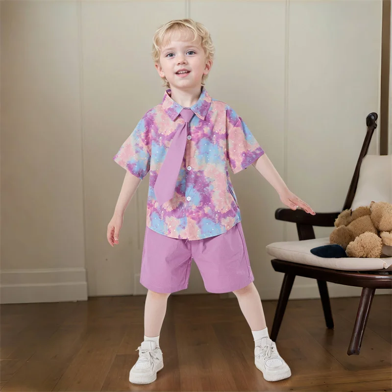 Korean Baby Boy Summer Formal Clothing Set Kids Luxury Clothes Shirt Shorts Tie Three Pieces Outfit Suit Child School Uniforms