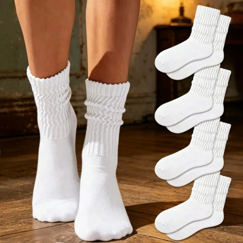 Weiße gerippte Slouchy Scrunch Mid-Calf Tube Skate Socken für Damen, locker sitzende Crew Socken im Vintage Street Style für Teenager-Mädchen