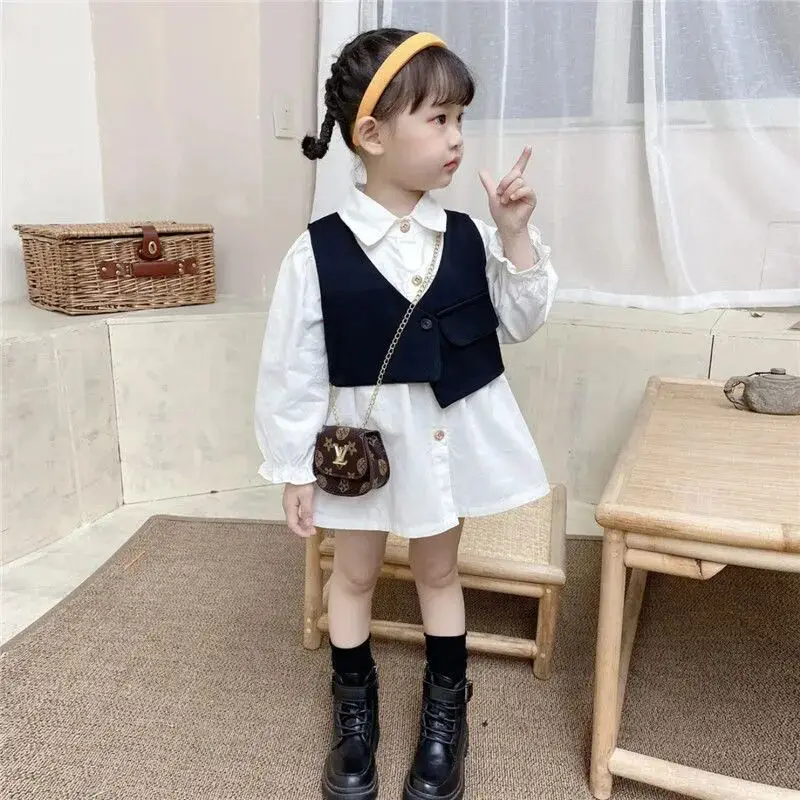 Girls' Spring and Autumn Clothing Set Fashion New Children's Mid to Long Length Shirt Skirt+Vest Two Piece Set