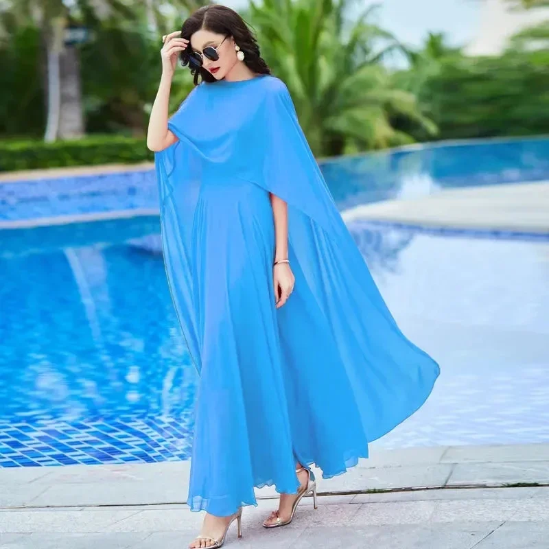 

Shawl/Sunscreen Dress Women's Chiffon Mother Two Piece Dress Bohemian Large Swing Long Holiday Dress LJ1