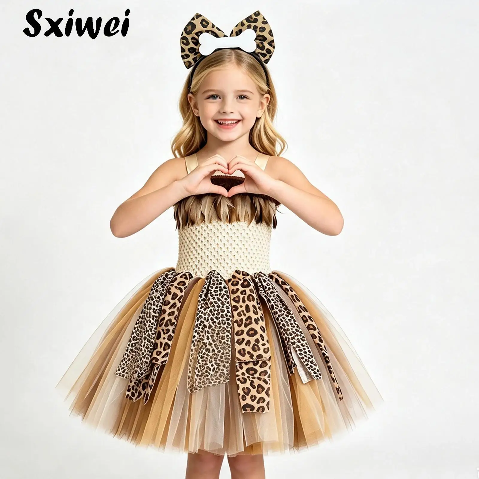 Girls Native America Princess Costumes Halloween Caveman Primitive Tribal Dress Up Kids Leopard Mesh Tulle Tutu Dress +Hair Hoop