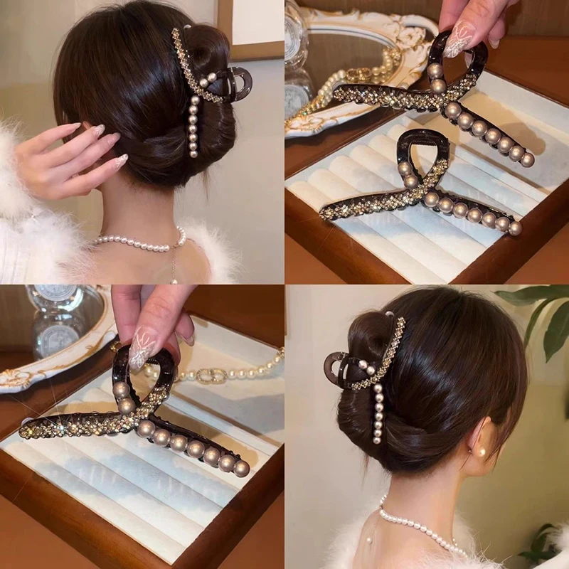 Pérola strass grampos de cabelo para mulheres e meninas, moda tubarão, acessórios para cabelo, jóias, 3 tamanhos