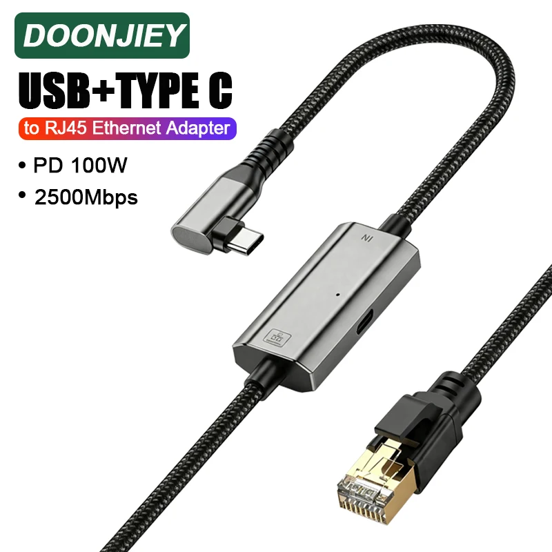 DOONJIEY USB C to Ethernet Cable PD100W Power Supply 1000Mbps/2.5G Type C to RJ45 Gigabit LAN Network Adapter for MacBook iPhone