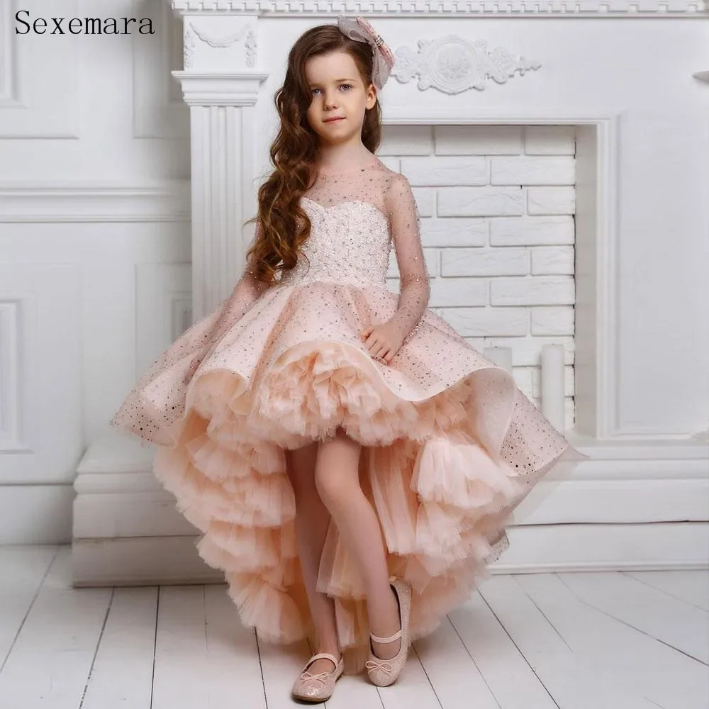 Sparkly Beaded High Low Girls Pageant Dresses Sequined Flower Girl Dress Tulle Long Sleeve Pageant Party Gown Customized