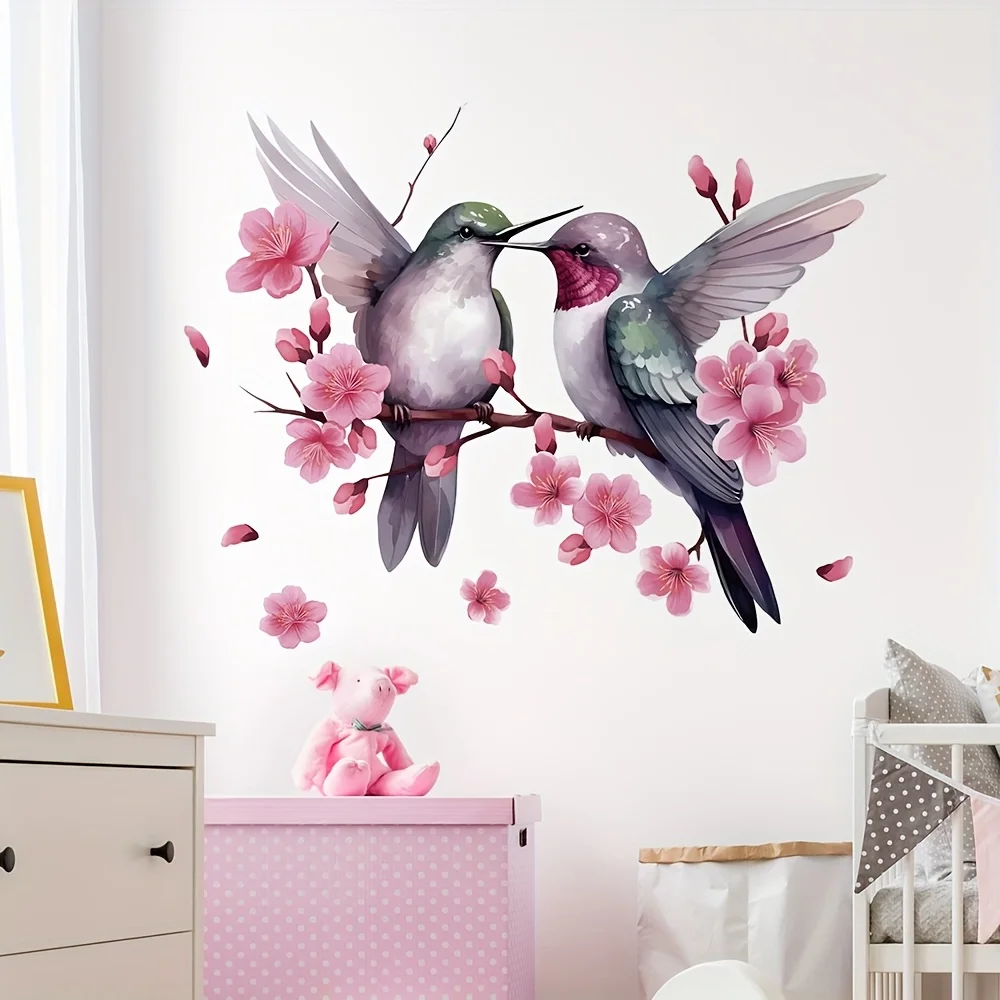 2D flat design, one piece of semi-transparent wall sticker featuring hummingbirds and peach blossoms, suitable for living rooms
