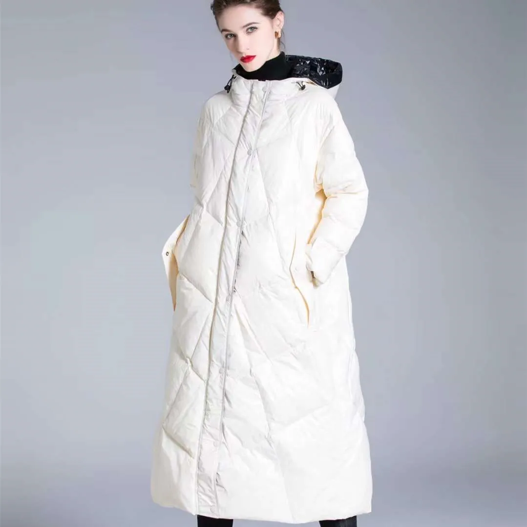 Women's Down Jacket Mid Length Edition Hooded  2024 Winter Woman New in Outerwears White Duck Down Simple Loose Outdoor Warm