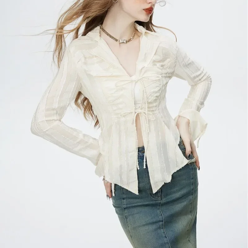 

2023 New Lace Up Long Sleeve Blouse Women Spring Turn-down Collar Shirt Korean Fashion ButterFly Design Ladies Slim Tops 30350